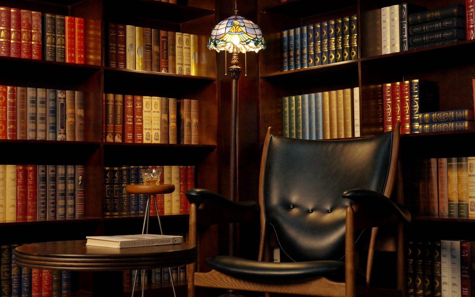 A bistro, lit end to end